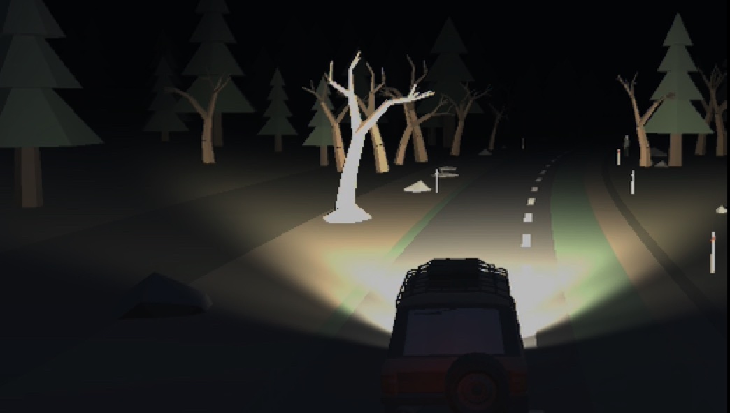 Dark Hours &mdash; headlights picking out a dead tree beside a forest road at night