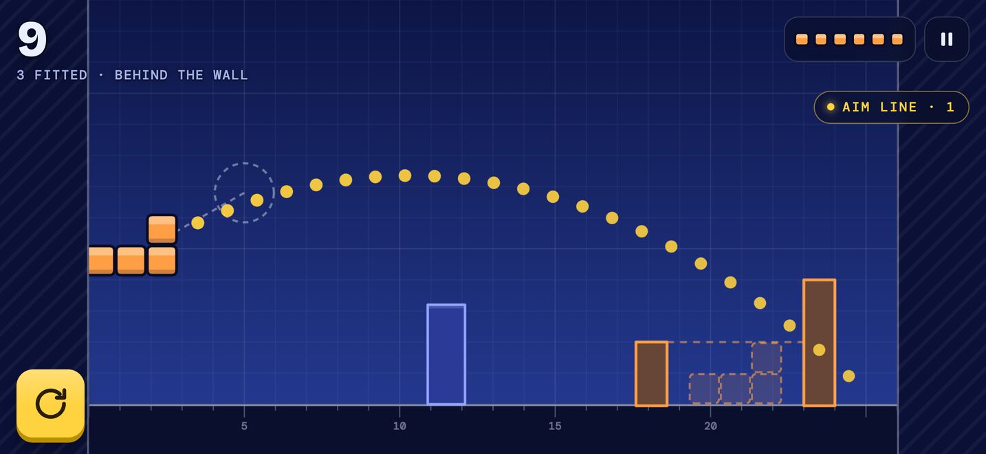 An L block with its full aim line arcing over a wall into the box