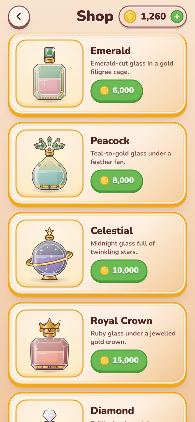 The shop's Collector bottles: Emerald, Peacock, Celestial and Royal Crown, each with its coin price