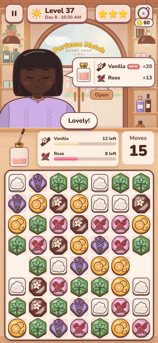 A customer in the perfume shop wishes for Vanilla and Rose; below, the match-3 tray of ingredient tiles and 15 moves left