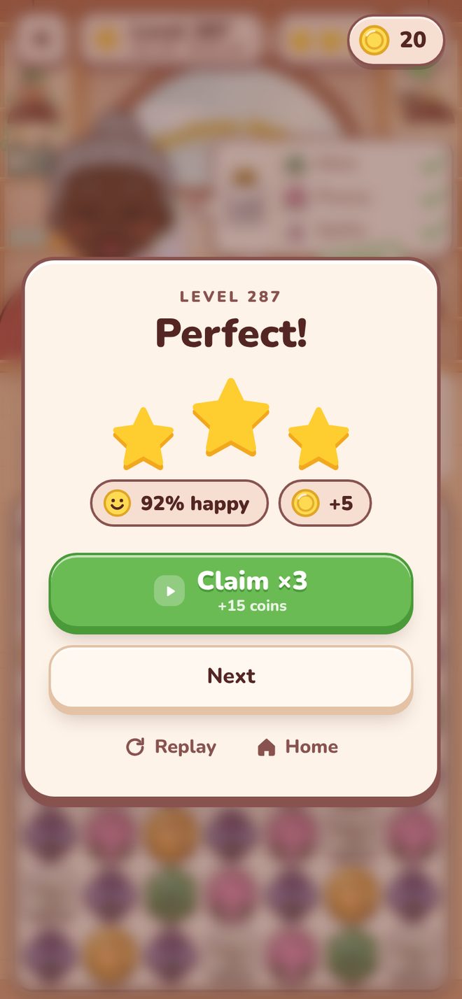 Level complete card: Perfect, three stars and the customer 92 percent happy
