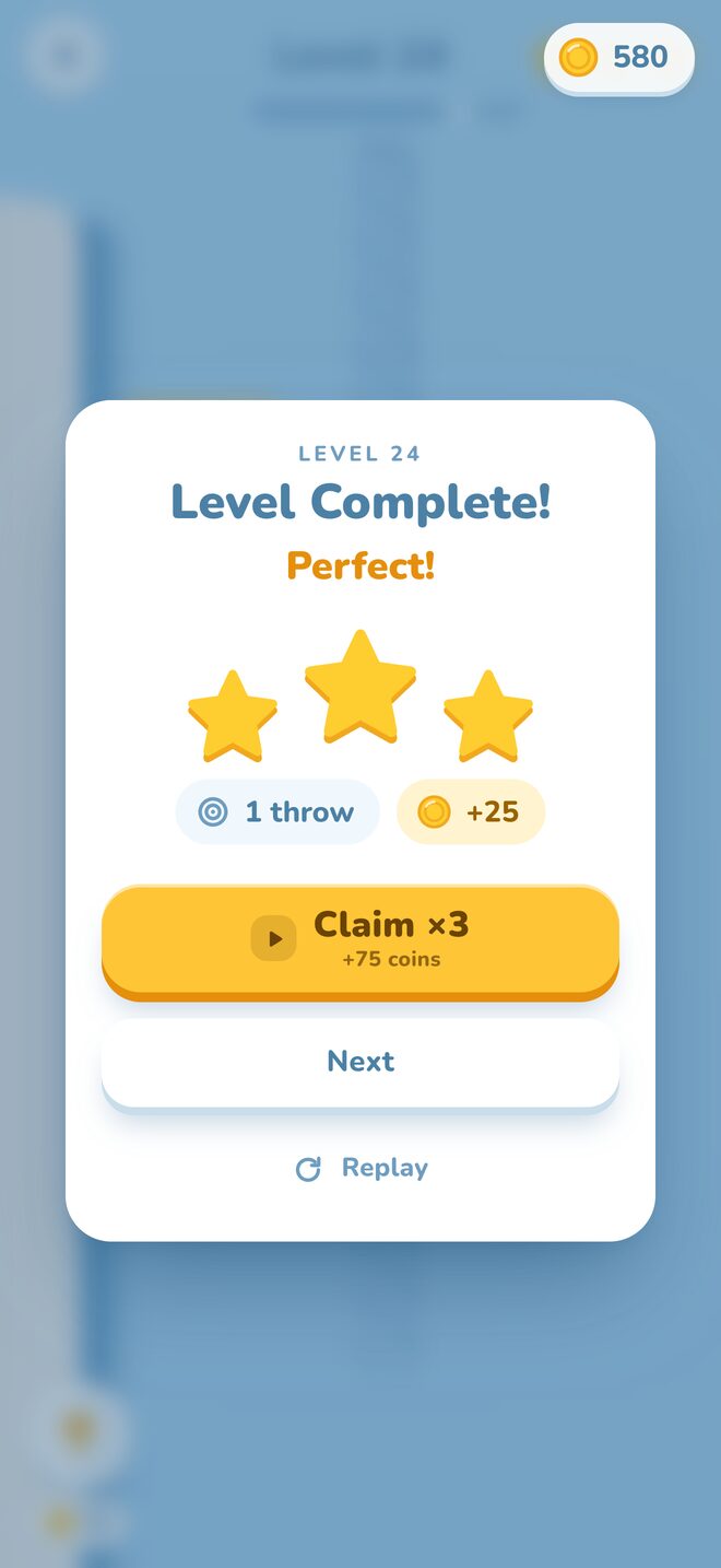 Level complete with three stars and coins to claim